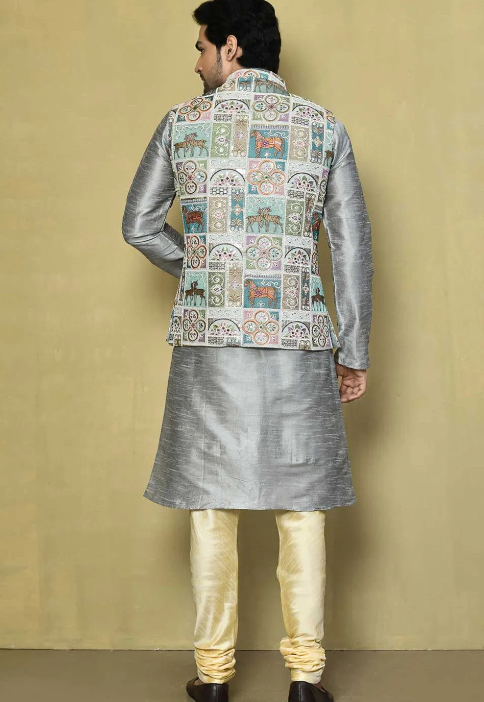 Embroidered Georgette Nehru Jacket in Grey and Multicolor