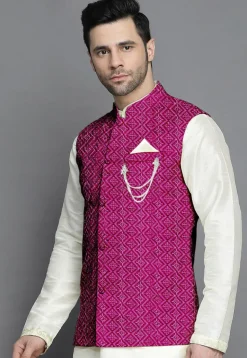 Embroidered Georgette Nehru Jacket in Magenta
