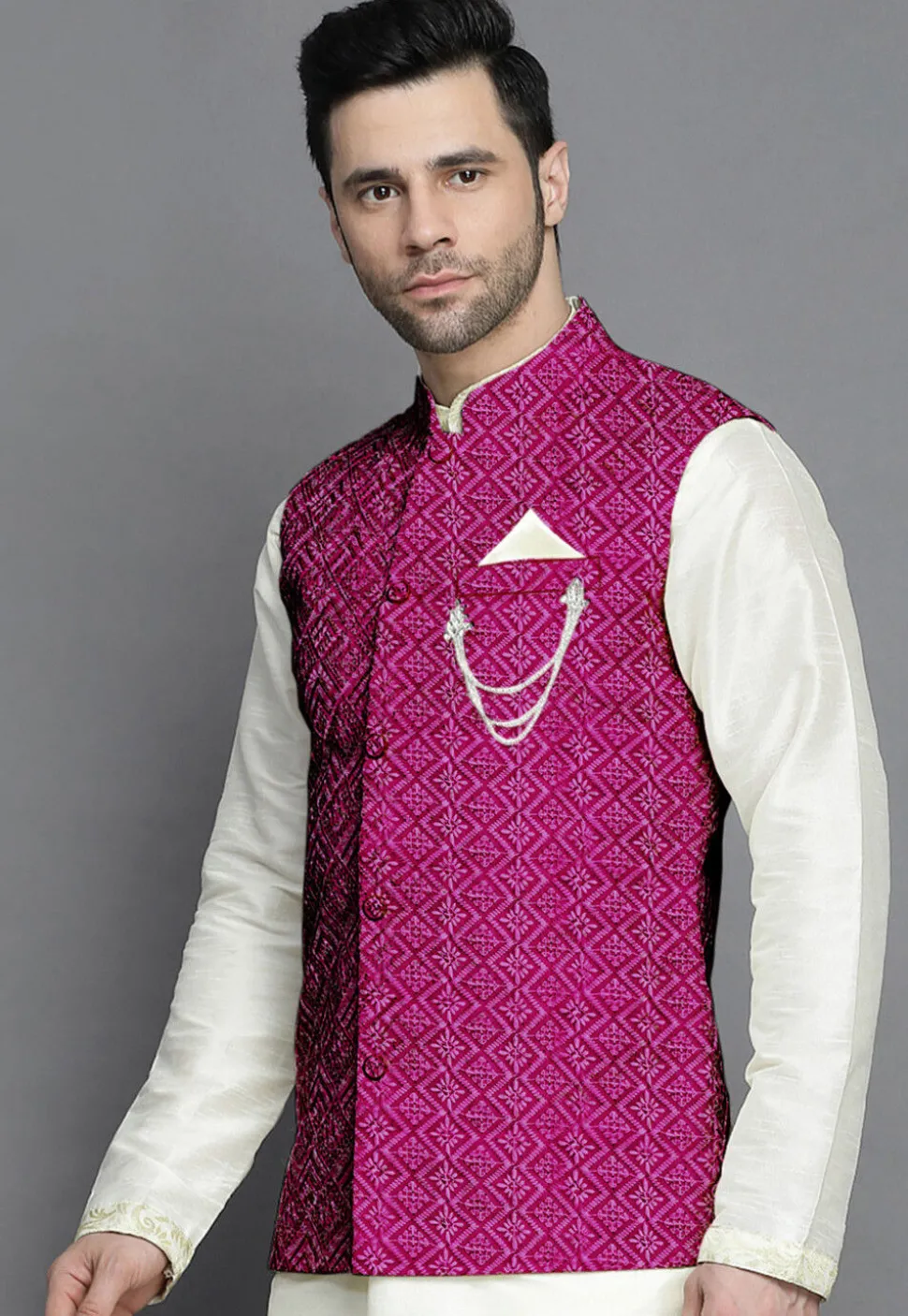 Embroidered Georgette Nehru Jacket in Magenta