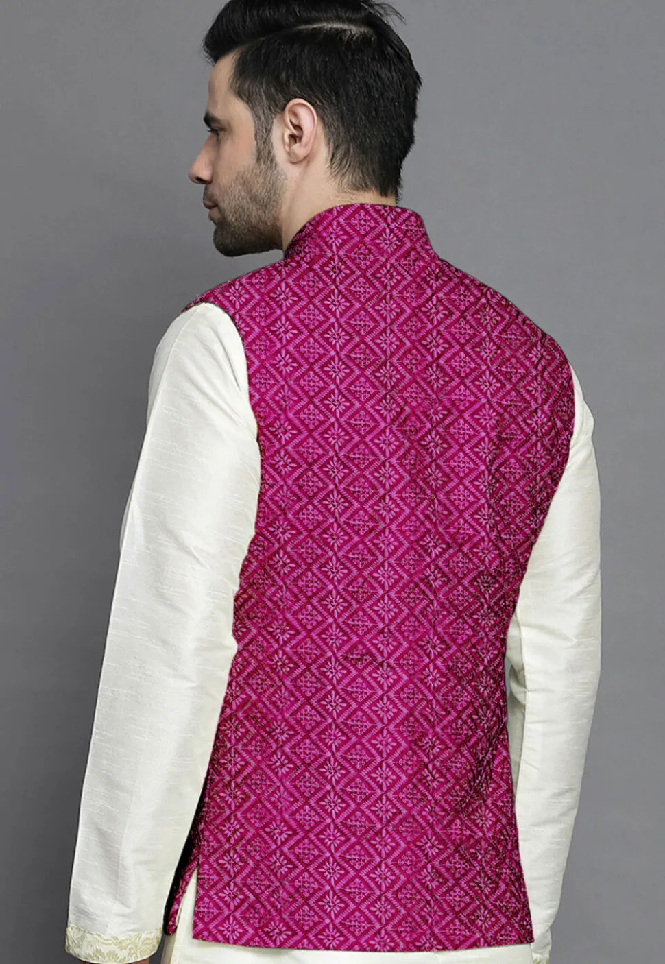 Embroidered Georgette Nehru Jacket in Magenta