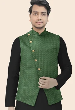 Embroidered Georgette Nehru Jacket in Green