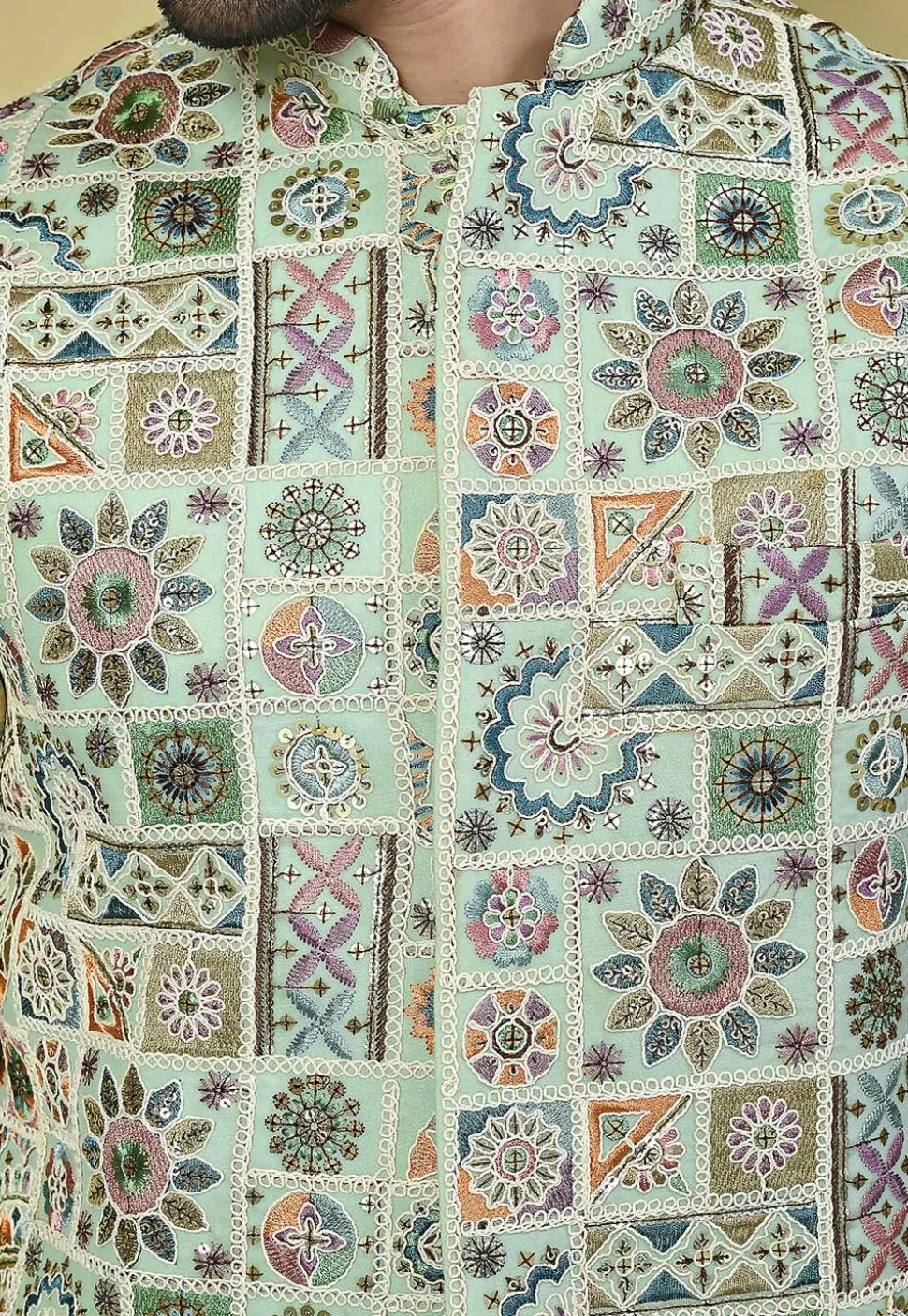 Embroidered Georgette Nehru Jacket in Pastel Green
