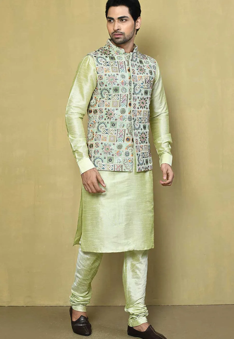 Embroidered Georgette Nehru Jacket in Pastel Green