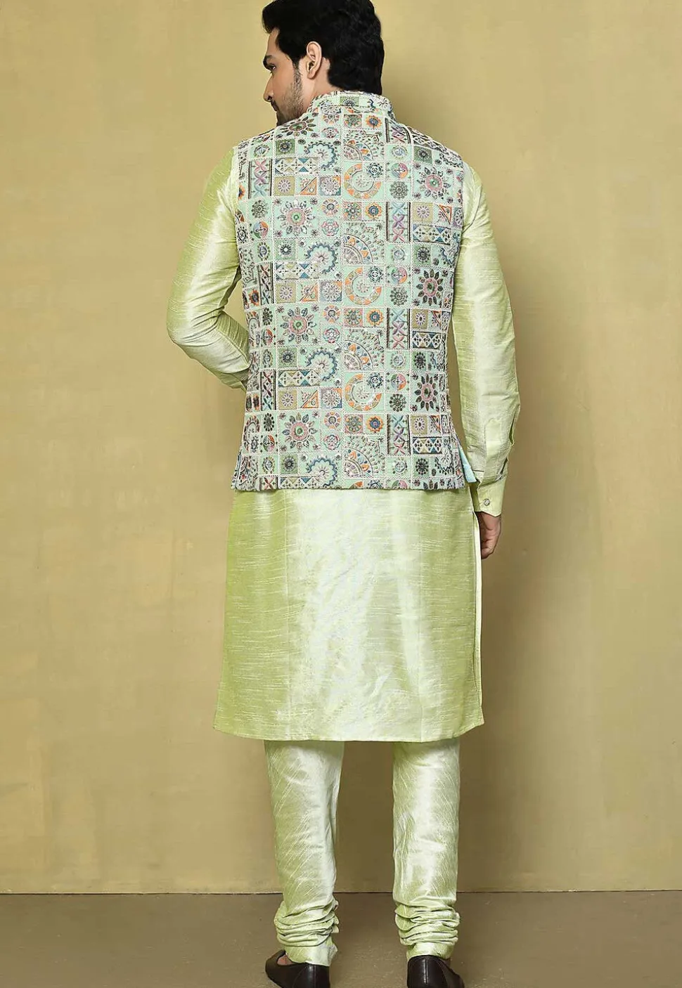 Embroidered Georgette Nehru Jacket in Pastel Green