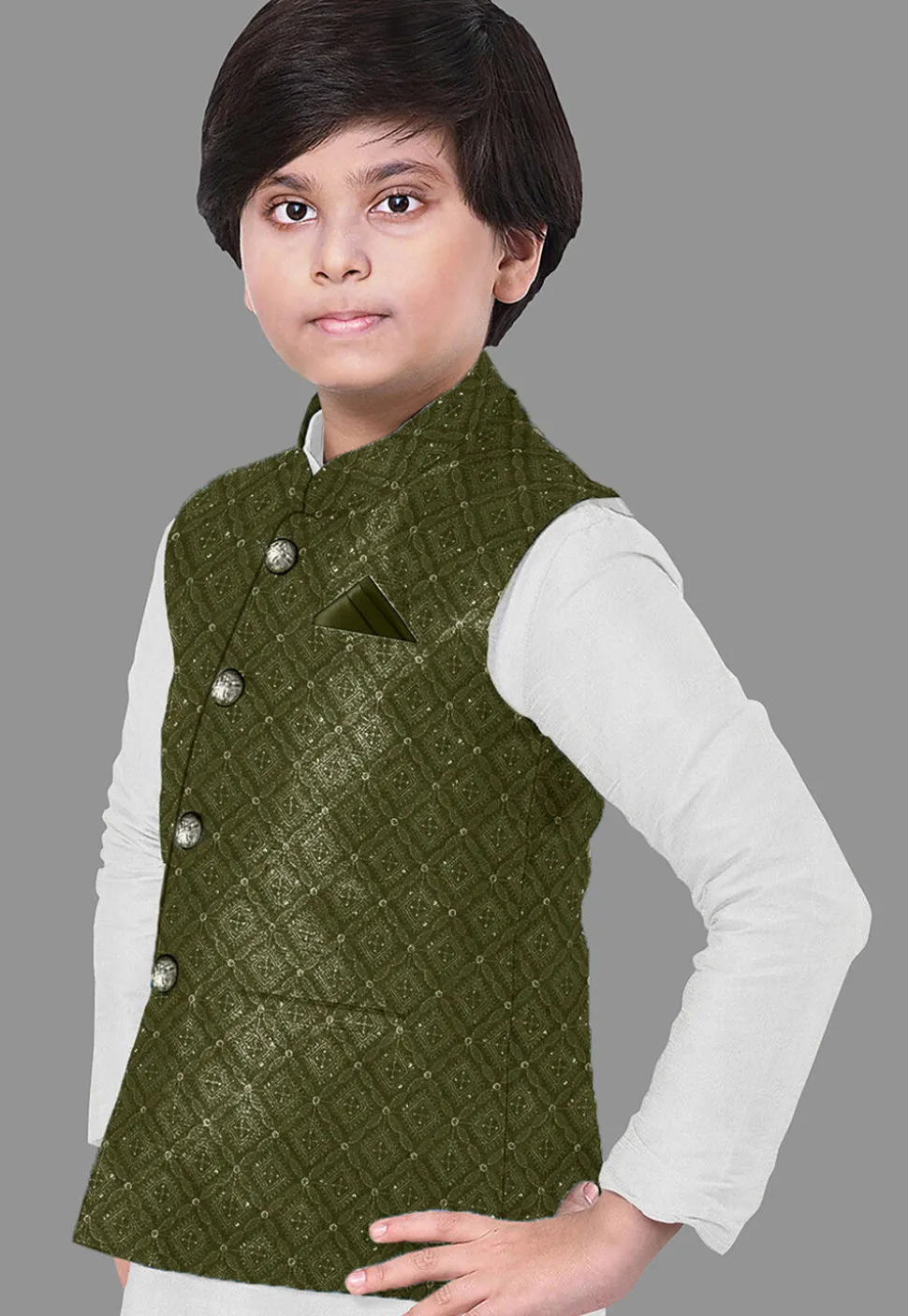 Embroidered Georgette Nehru Jacket in Olive Green