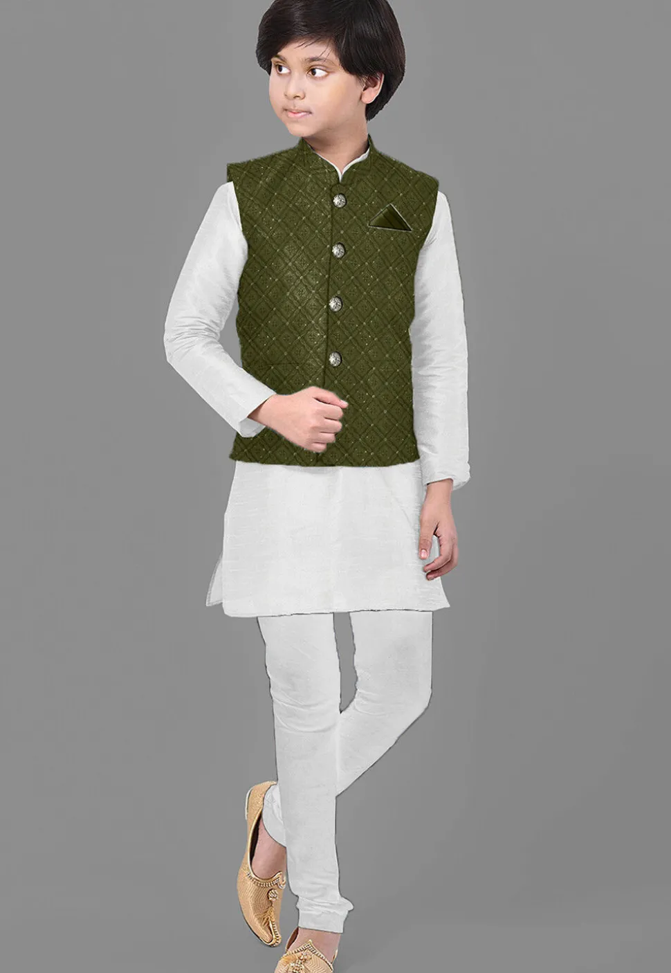 Embroidered Georgette Nehru Jacket in Olive Green