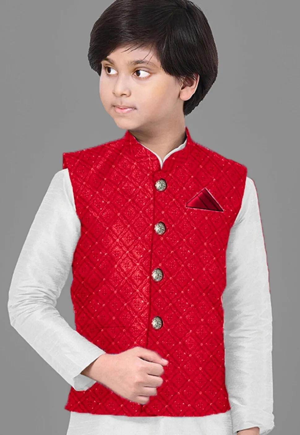 Embroidered Georgette Nehru Jacket in Red