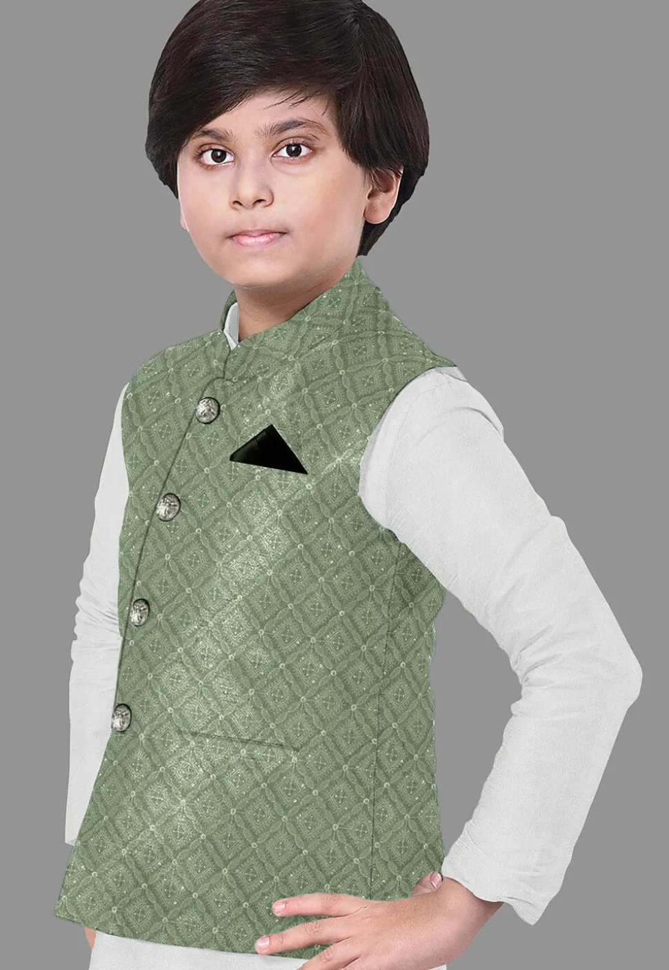 Embroidered Georgette Nehru Jacket in Dusty Green