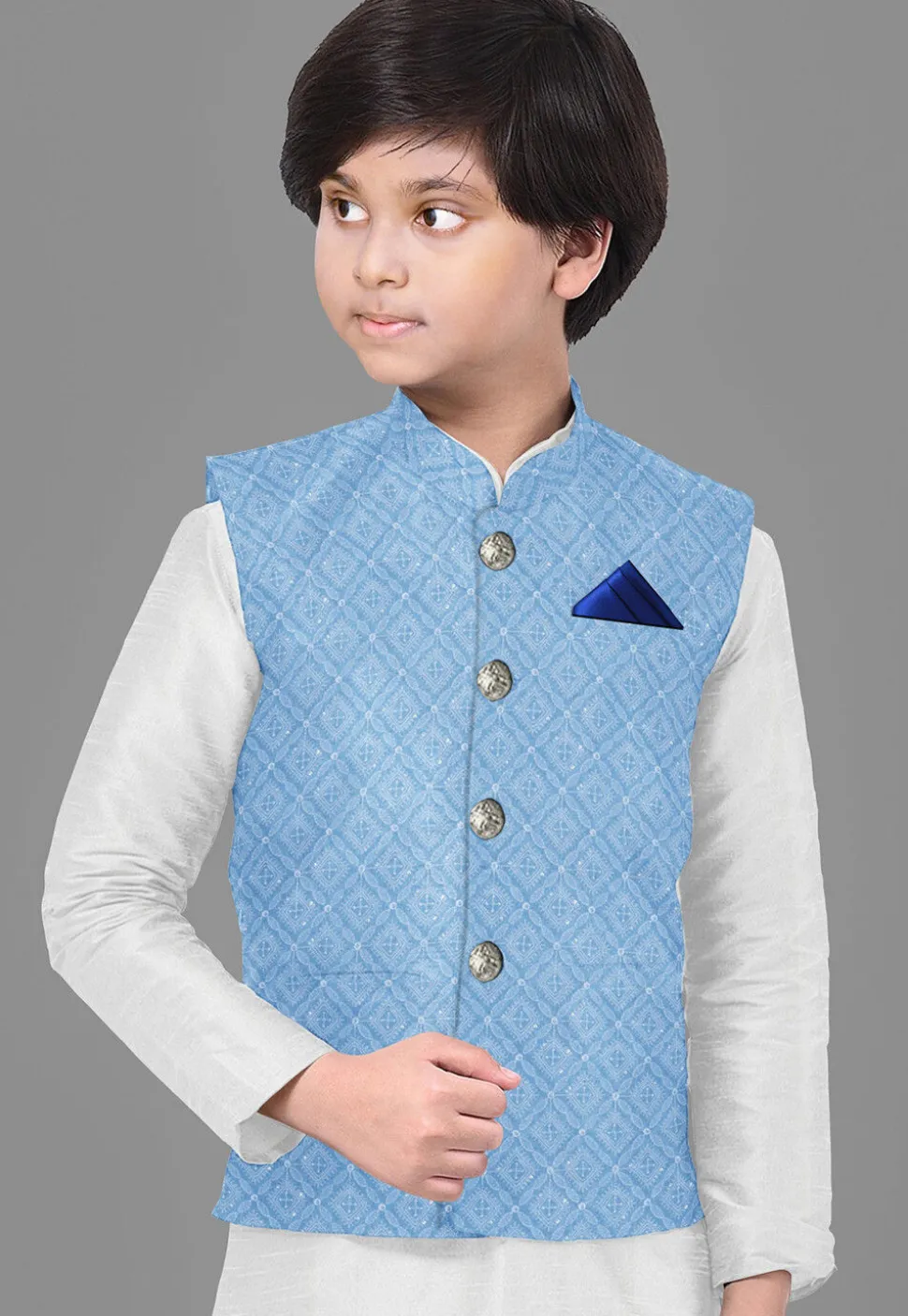Embroidered Georgette Nehru Jacket in Sky Blue