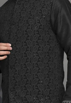 Embroidered Georgette Nehru Jacket in Black