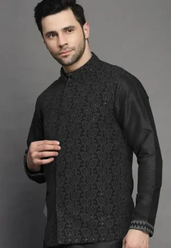 Embroidered Georgette Nehru Jacket in Black