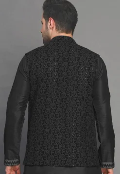 Embroidered Georgette Nehru Jacket in Black