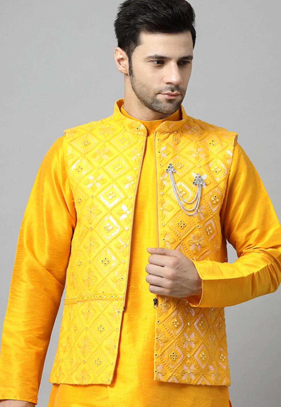 Embroidered Georgette Nehru Jacket in Yellow