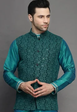 Embroidered Georgette Nehru Jacket in Dark Green