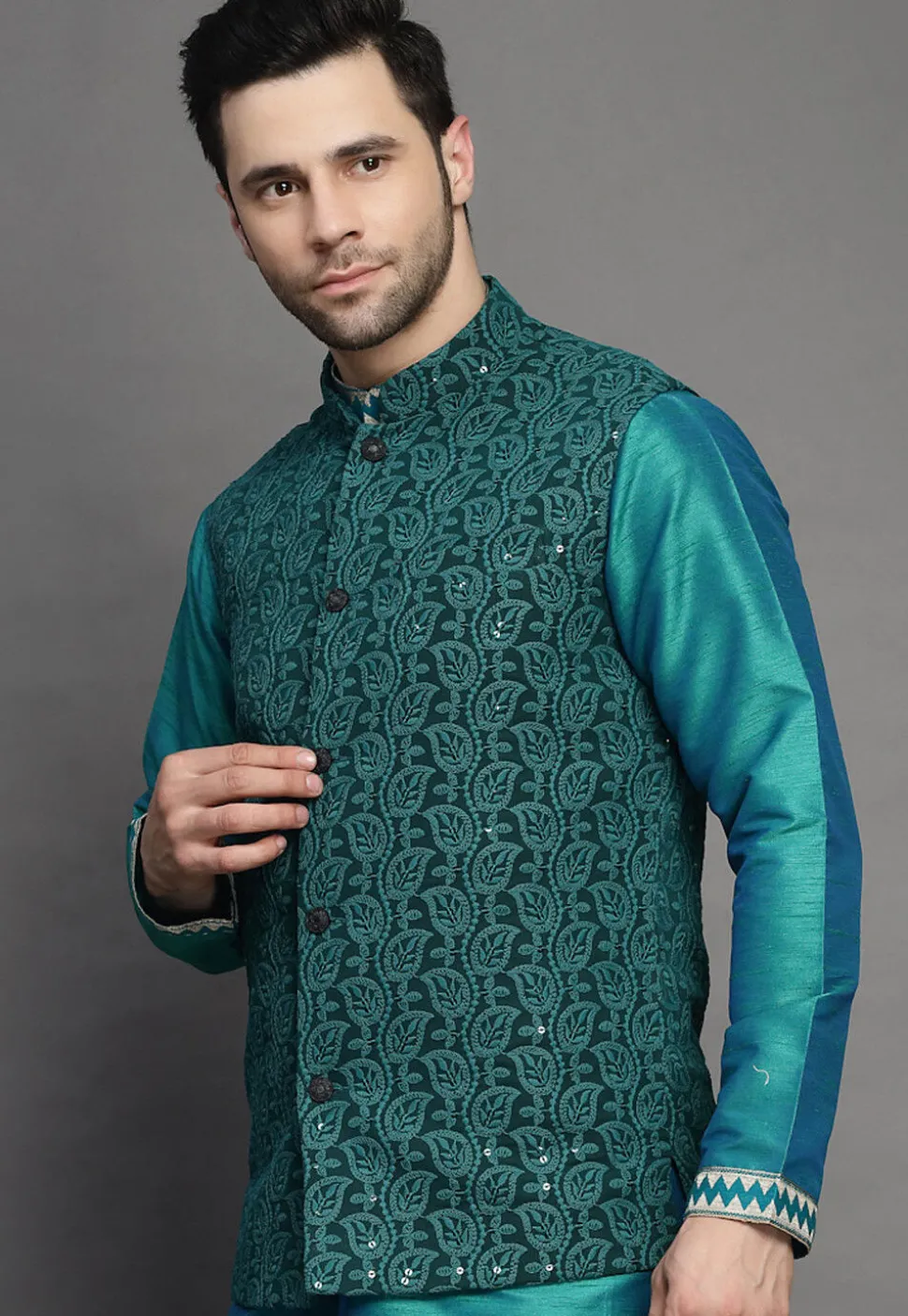 Embroidered Georgette Nehru Jacket in Dark Green