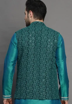 Embroidered Georgette Nehru Jacket in Dark Green