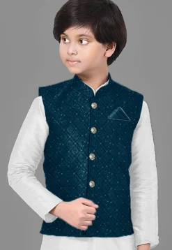 Embroidered Georgette Nehru Jacket in Teal Blue