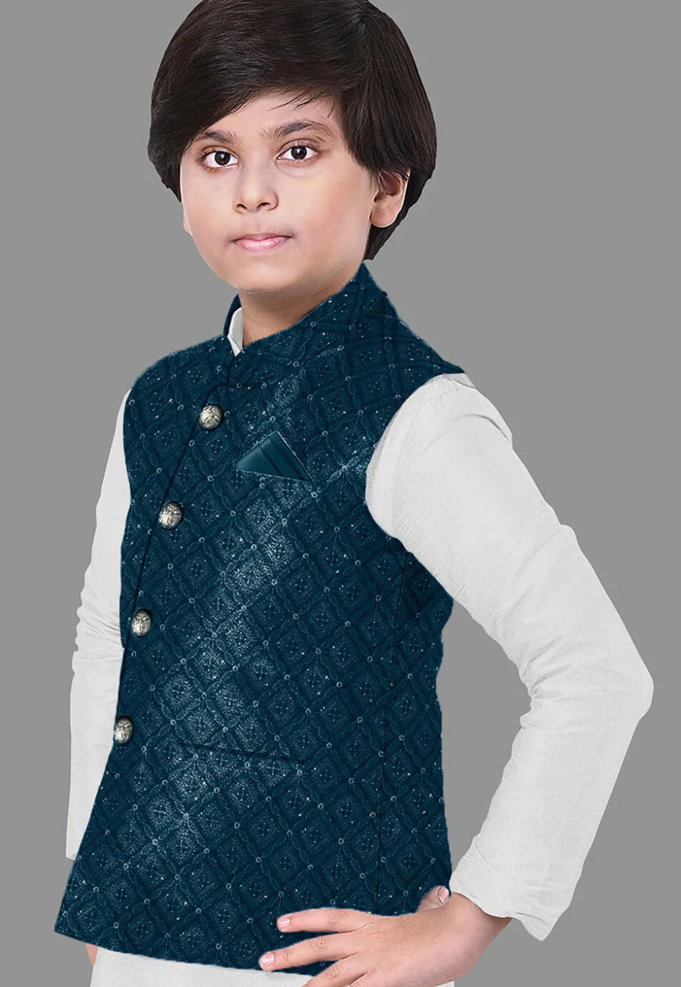 Embroidered Georgette Nehru Jacket in Teal Blue