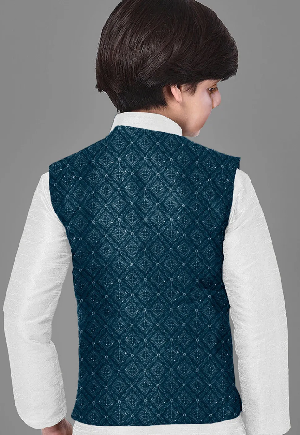 Embroidered Georgette Nehru Jacket in Teal Blue