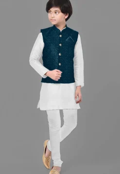 Embroidered Georgette Nehru Jacket in Teal Blue