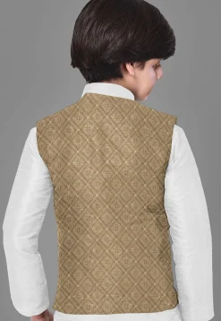 Embroidered Georgette Nehru Jacket in Dark Begie