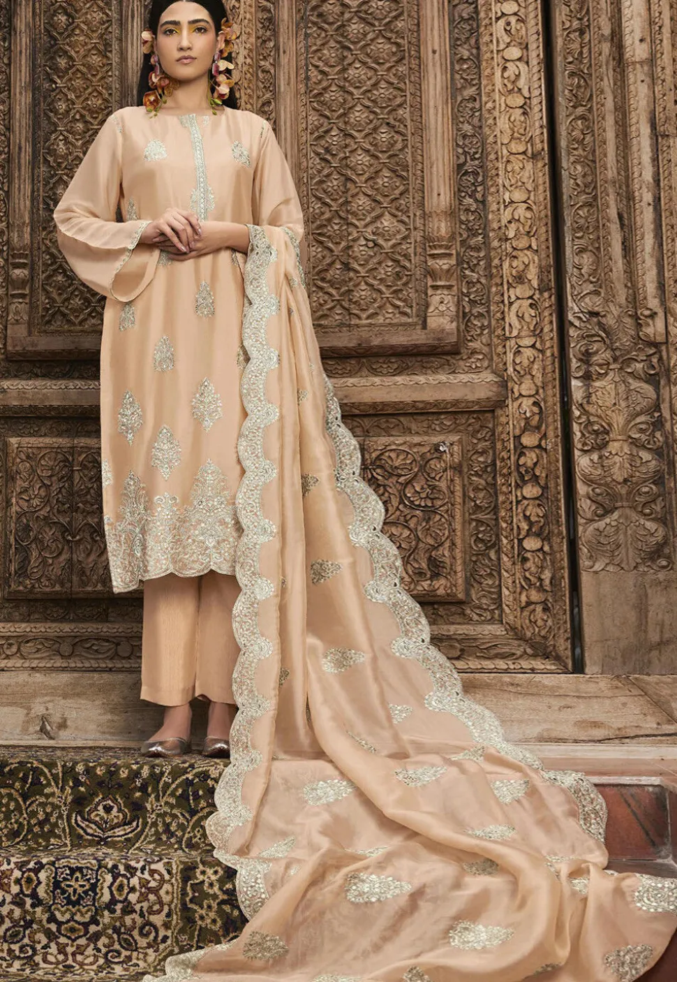 Embroidered Georgette Pakistani Suit in Peach