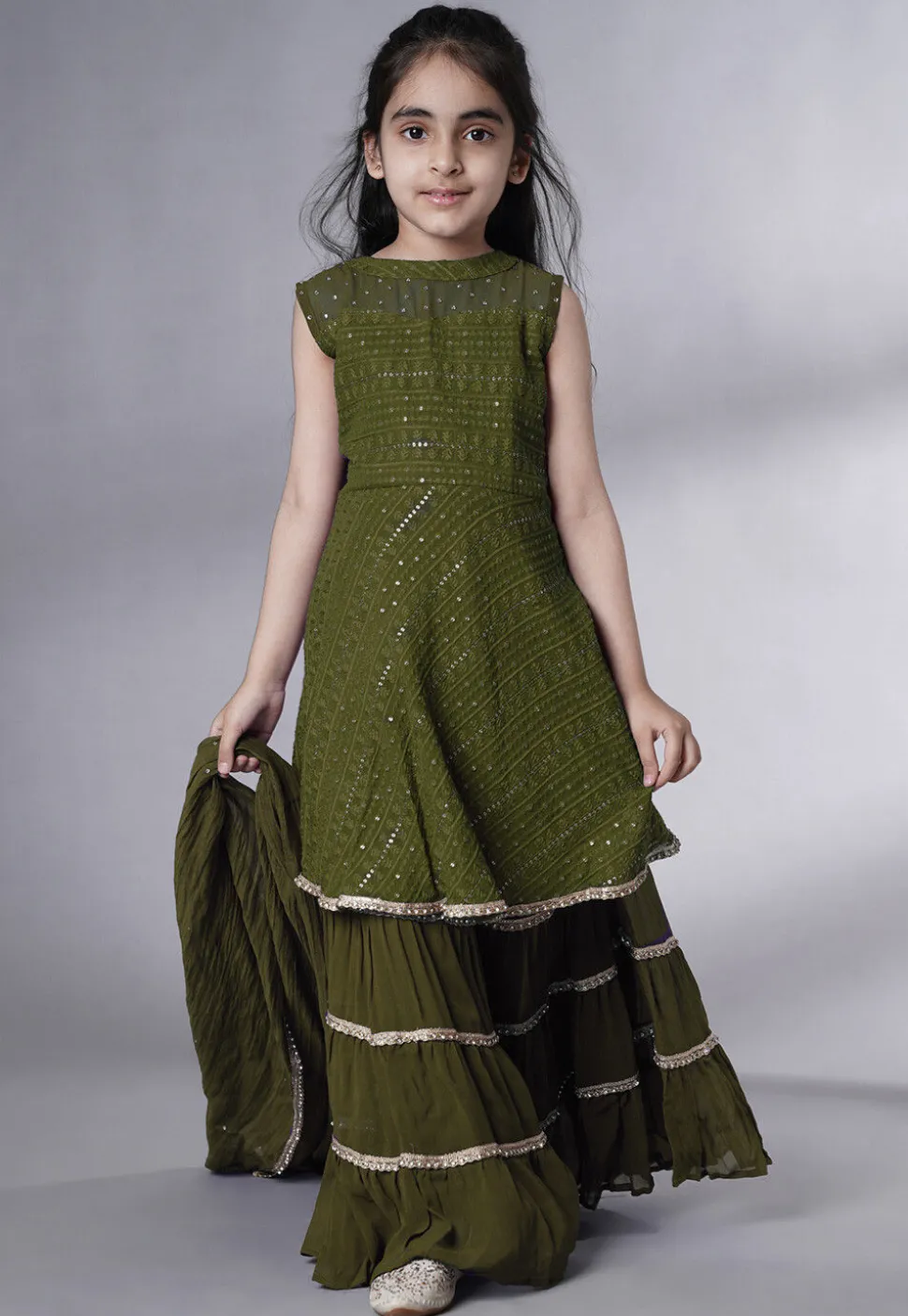 Embroidered Georgette Pakistani Suit in Olive Green