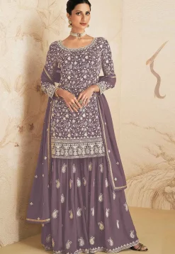 Embroidered Georgette Pakistani Suit in Dusty Purple