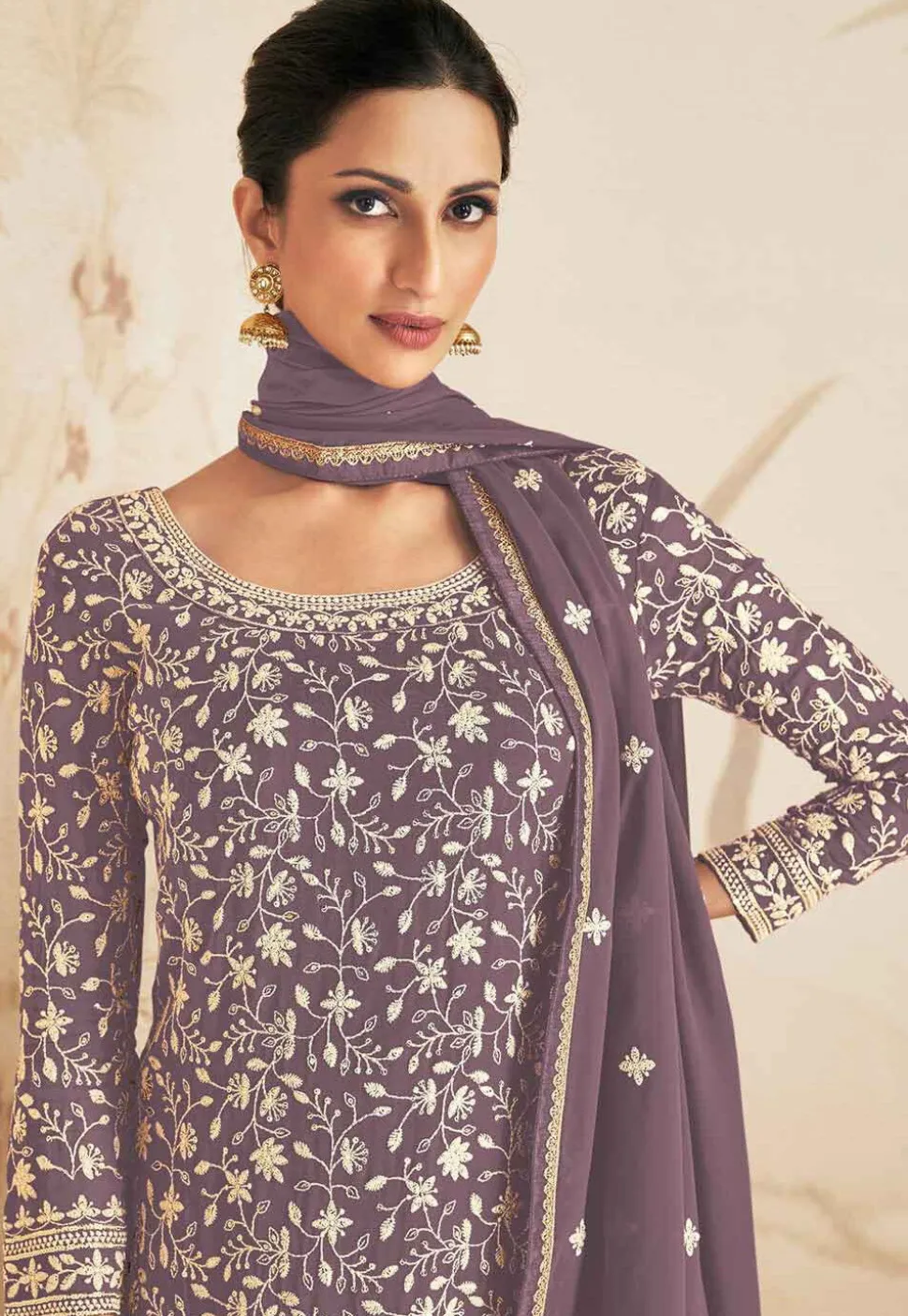 Embroidered Georgette Pakistani Suit in Dusty Purple