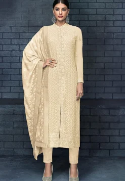 Embroidered Georgette Pakistani Suit in Light Beige