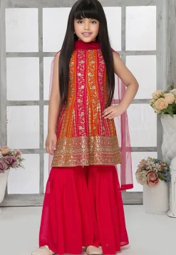 Embroidered Georgette Pakistani Suit in Orange and Fuchsia