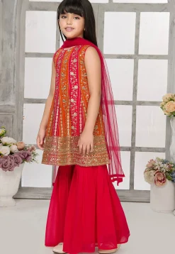 Embroidered Georgette Pakistani Suit in Orange and Fuchsia