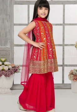 Embroidered Georgette Pakistani Suit in Orange and Fuchsia