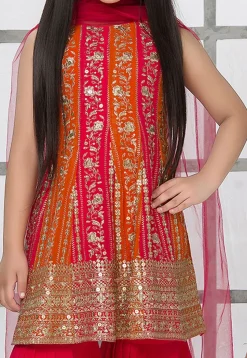 Embroidered Georgette Pakistani Suit in Orange and Fuchsia