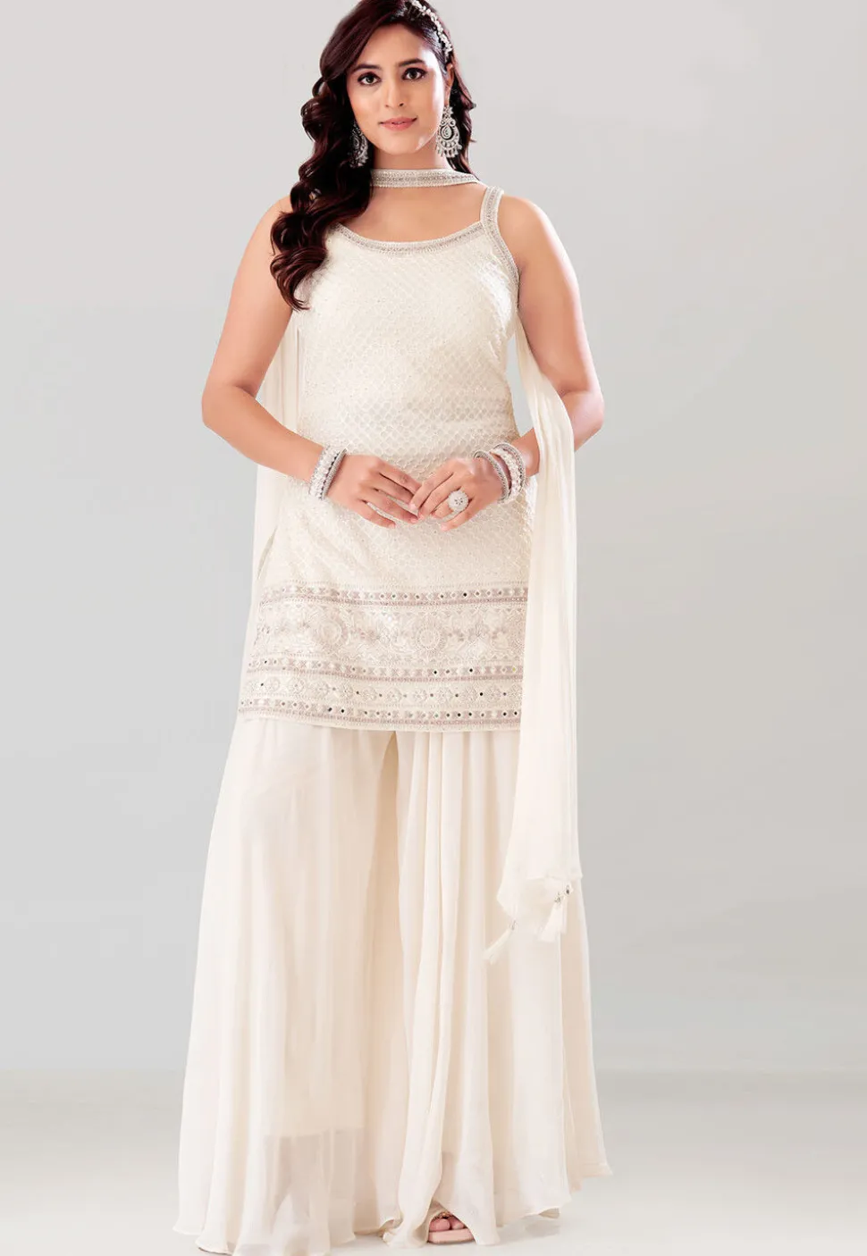 Embroidered Georgette Pakistani Suit in Off White