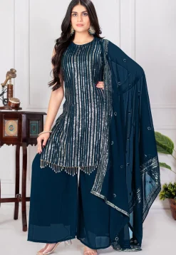 Embroidered Georgette Pakistani Suit in Teal Blue
