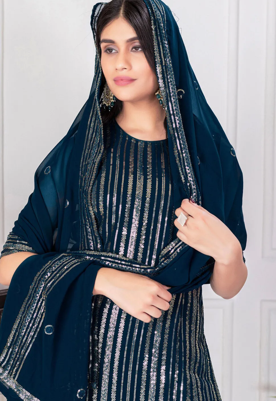 Embroidered Georgette Pakistani Suit in Teal Blue