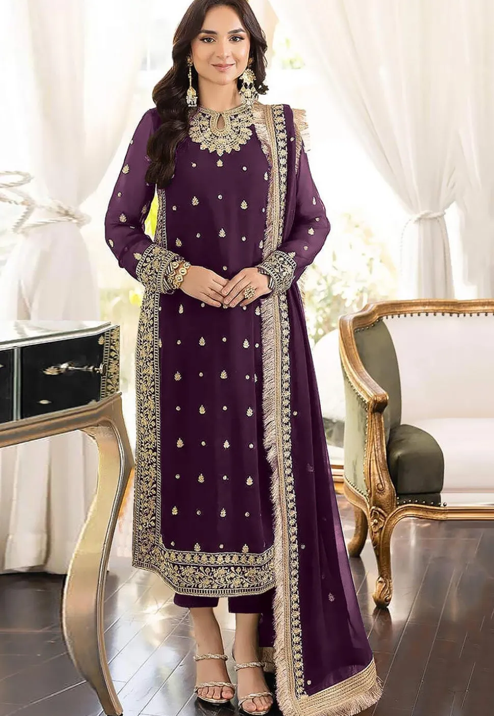 Embroidered Georgette Pakistani Suit in Wine