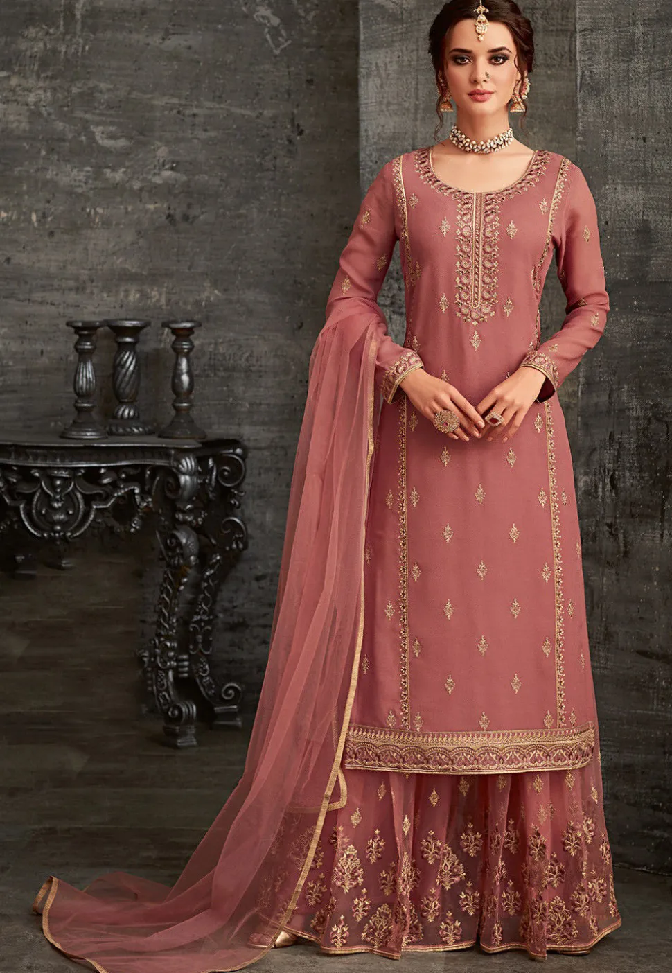 Embroidered Georgette Pakistani Suit in Dusty Pink