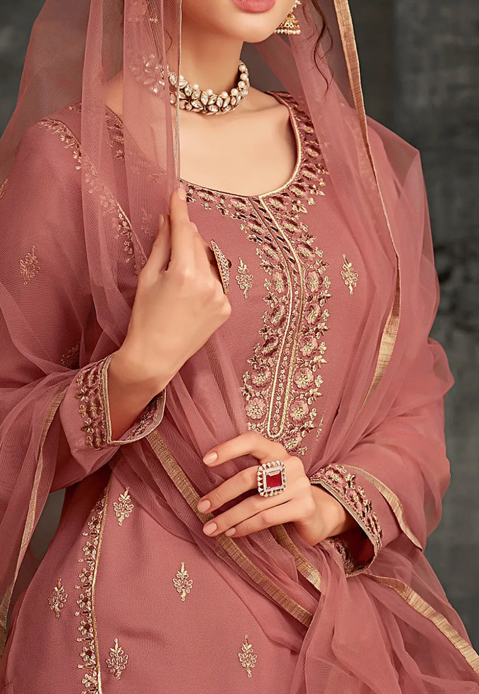Embroidered Georgette Pakistani Suit in Dusty Pink