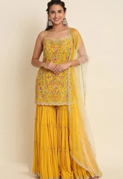 Embroidered Georgette Pakistani Suit in Yellow