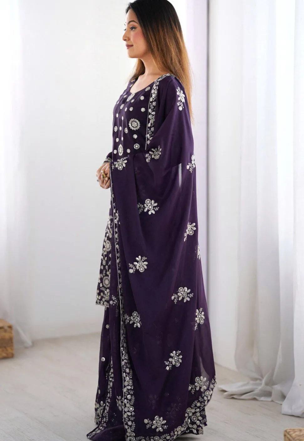 Embroidered Georgette Pakistani Suit in Purple