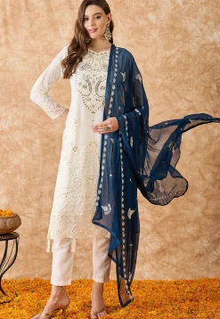 Embroidered Georgette Pakistani Suit in Off White