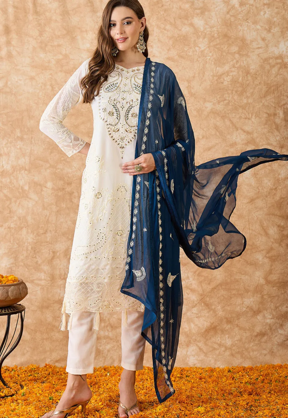 Embroidered Georgette Pakistani Suit in Off White