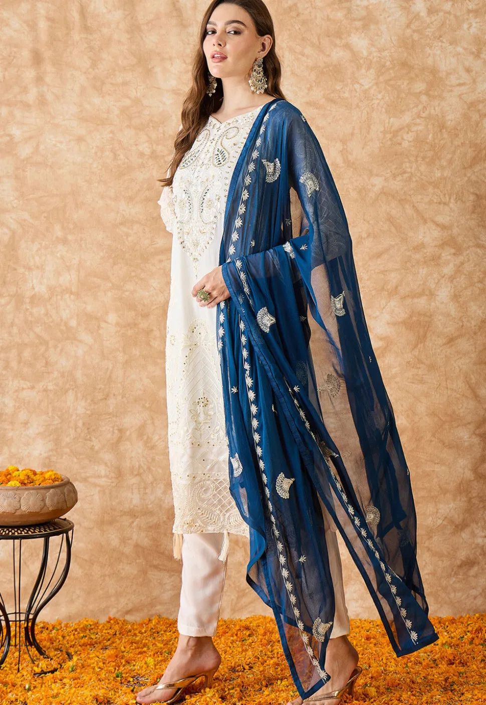 Embroidered Georgette Pakistani Suit in Off White