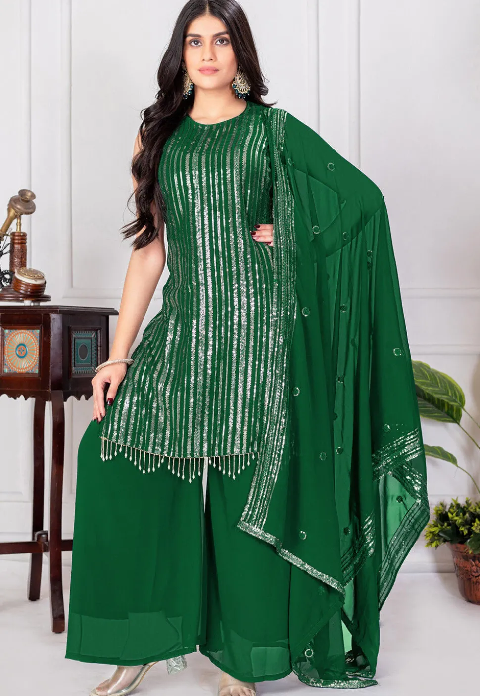 Embroidered Georgette Pakistani Suit in Green