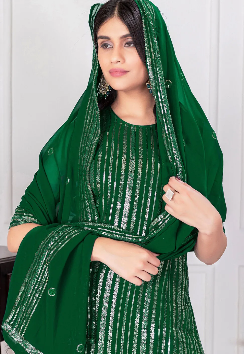 Embroidered Georgette Pakistani Suit in Green