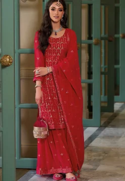 Embroidered Georgette Pakistani Suit in Red
