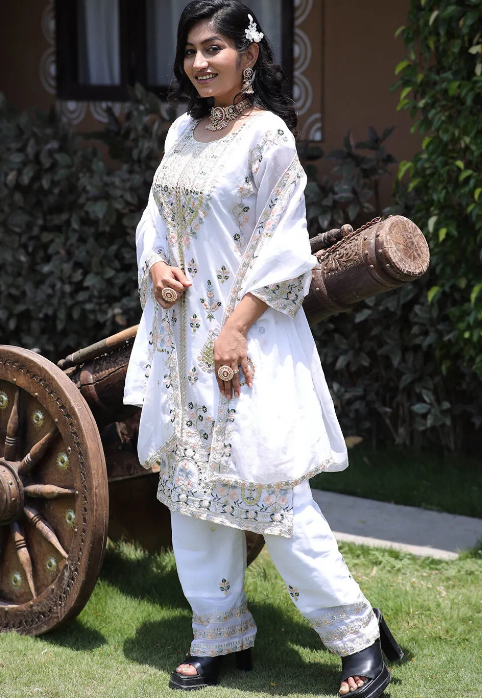 Embroidered Georgette Pakistani Suit in Off White