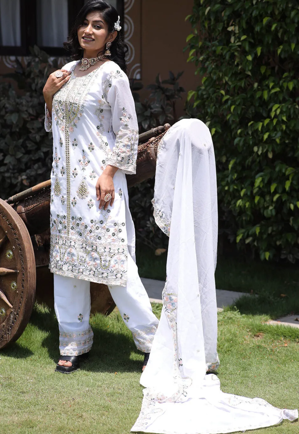 Embroidered Georgette Pakistani Suit in Off White